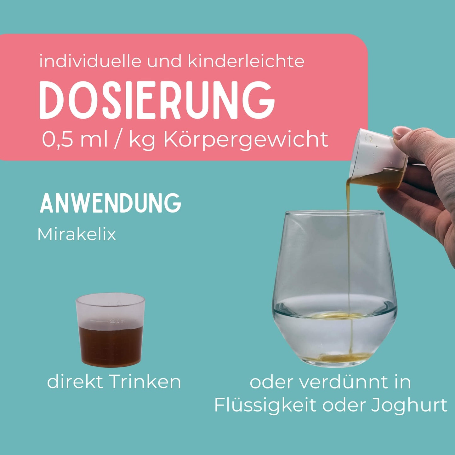 Anleitung für die richtige Dosierung des Mirakelix Sirups, aus dem Dosierbecher oder verdünnt