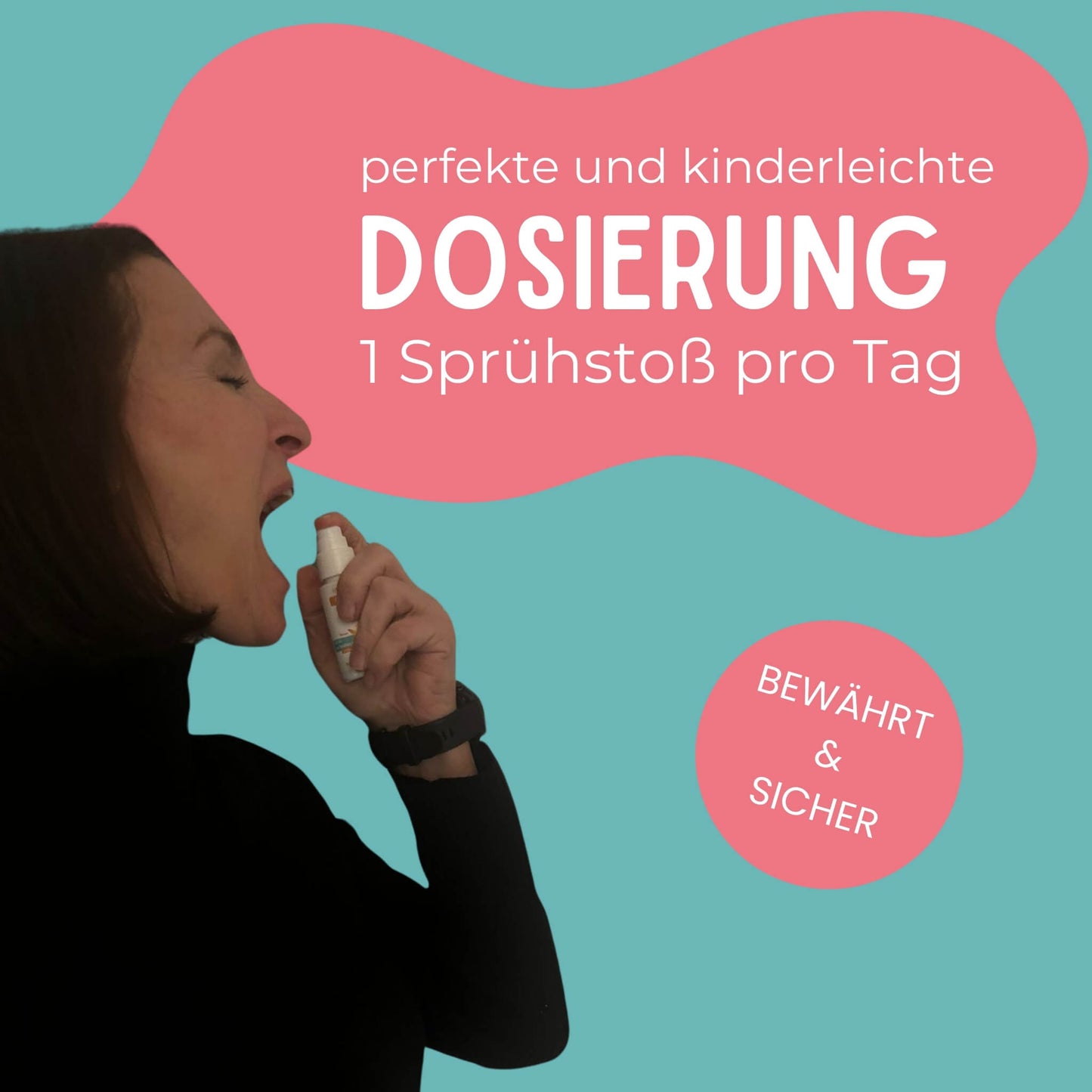 Frau zeigt Anwendung des Vitamin D3 Sprays