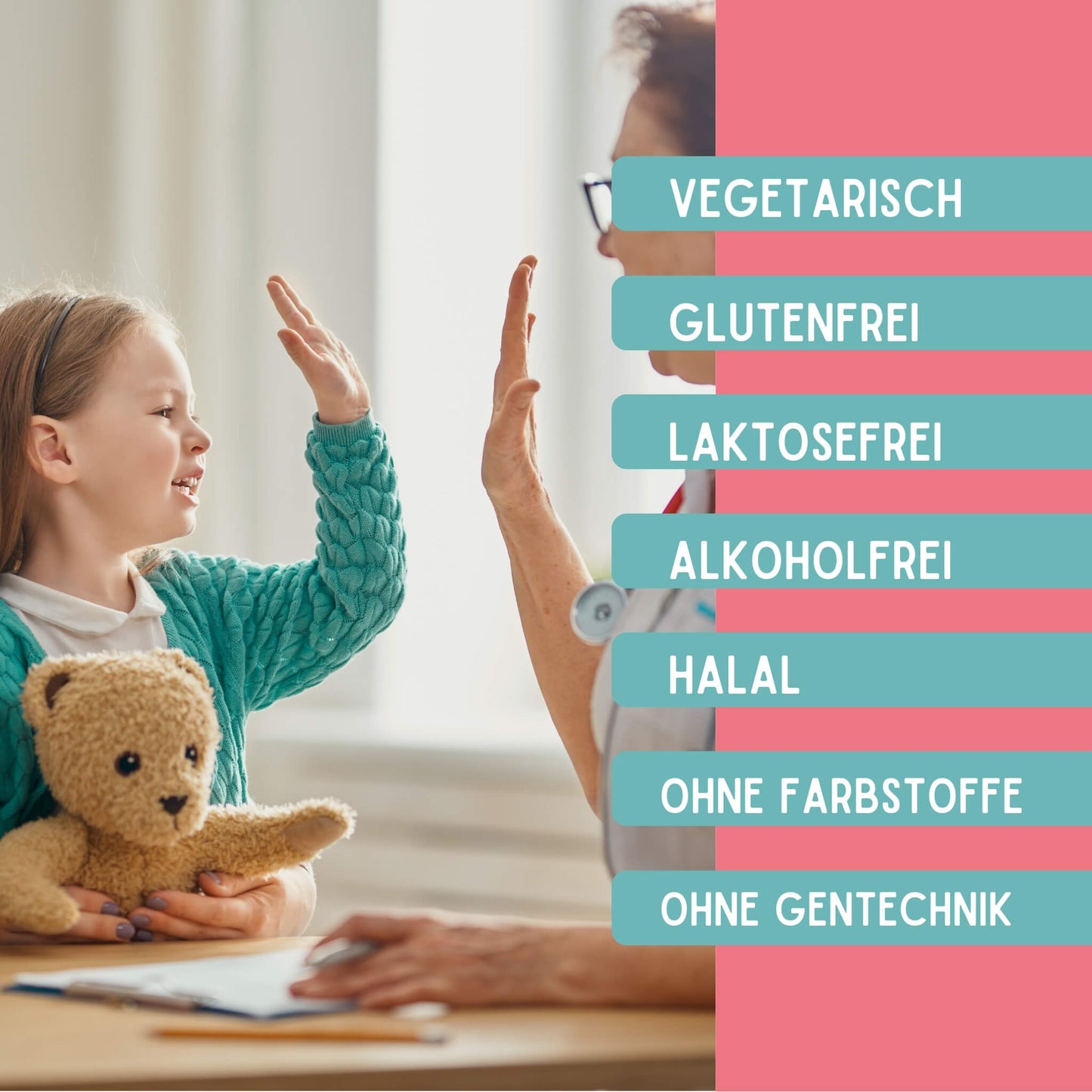 Das Immun Duo Aktiv ist vegetarisch, glutenfrei, laktosefrei, alkoholfrei, halal, ohne Farbstoffe, ohne Gentechnik