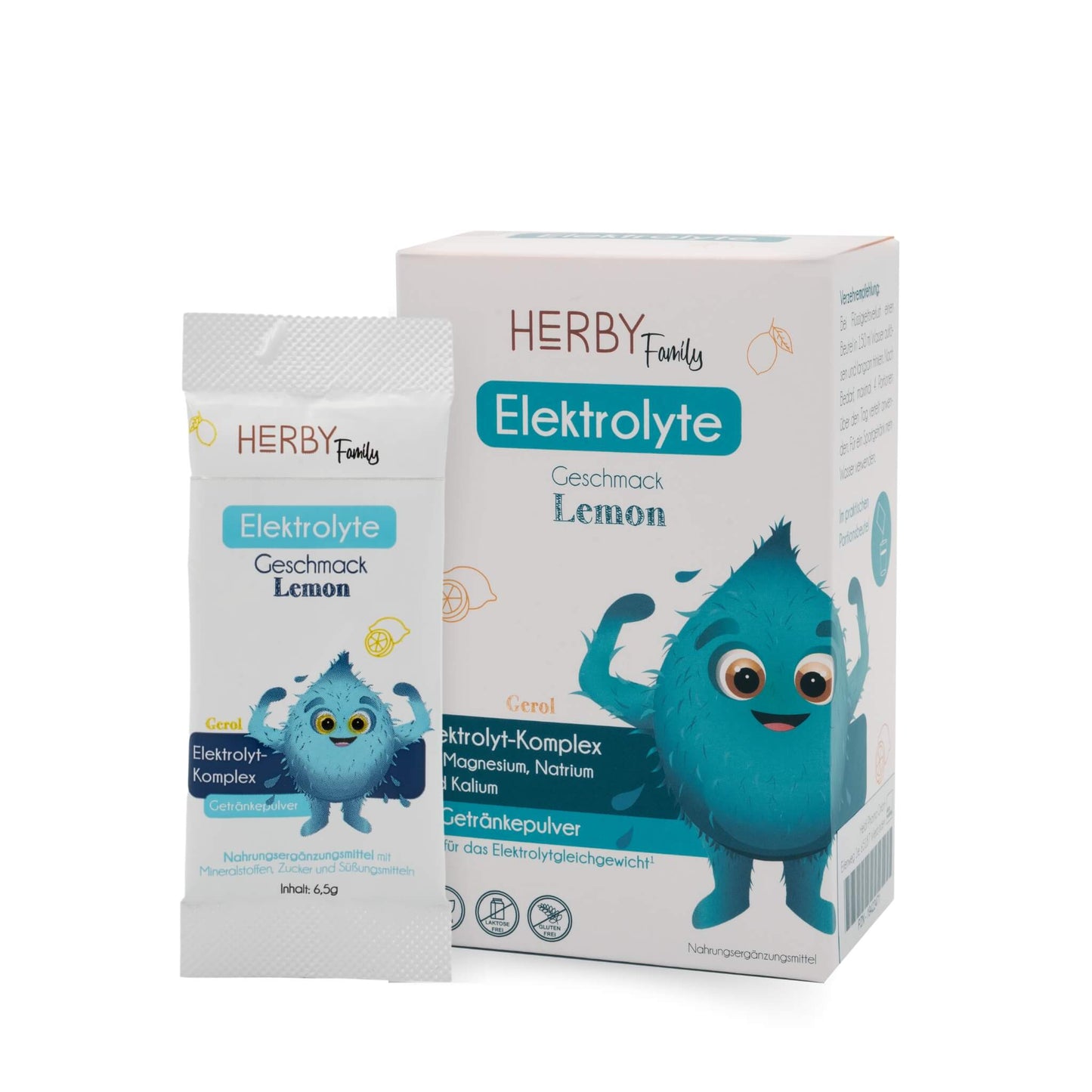 Faltschachtel der Elektrolyte und links daneben ein Einzelstick
