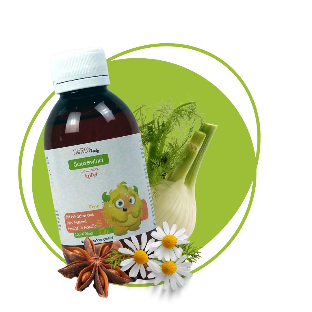 Flasche mit Sausewind Sirup als Verdauungshilfe für Kinder mit Fenchel, Kümmel, Anis und Kamille
