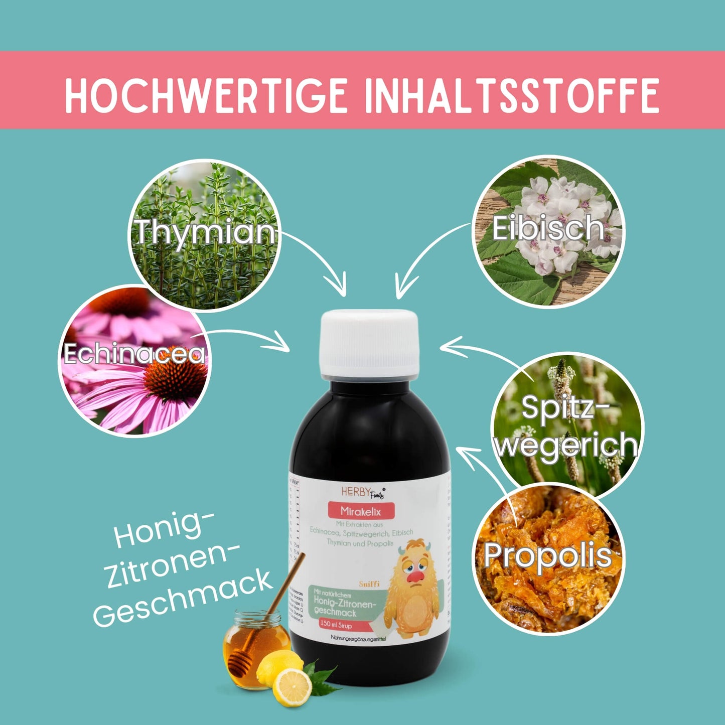 Mirakelix enthält Extrakte aus Echinacea, Thymian, Eibisch, Spitzwegerich und Propolis