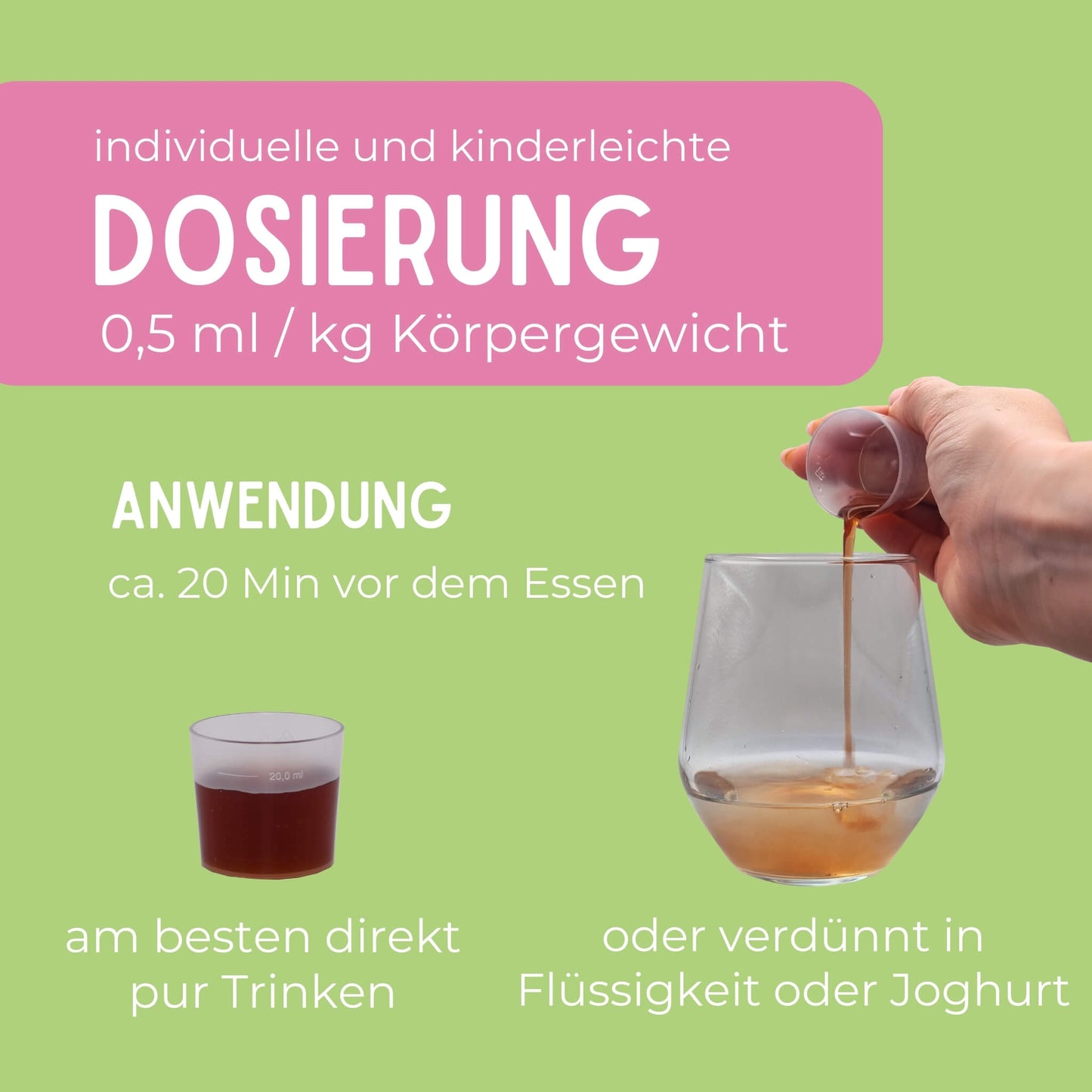 Dosierbecher gefüllt mit Mahlzeit Sirup und wie er in Glas mit Flüssigkeit verdünnt werden kann.