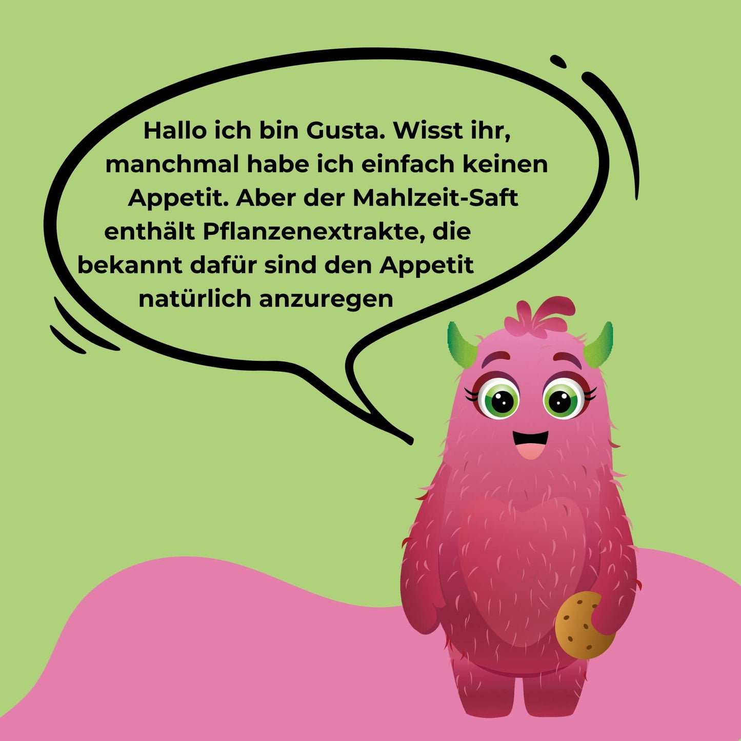 Das Monster Gusta, das den Nutzen des Mahlzeit Sirups in zwei Sprechblasen erklärt