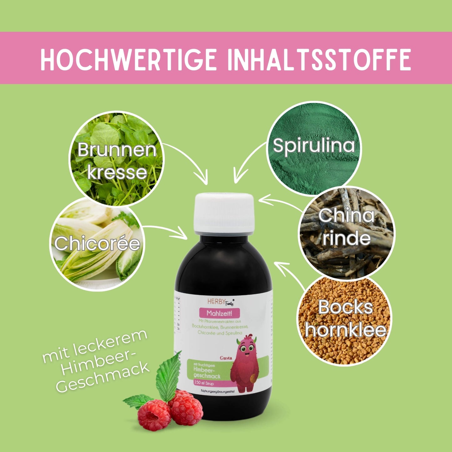 Flasche mit Mahlzeit Sirup und Pfeilen, die die Inhaltsstoffe zeigen