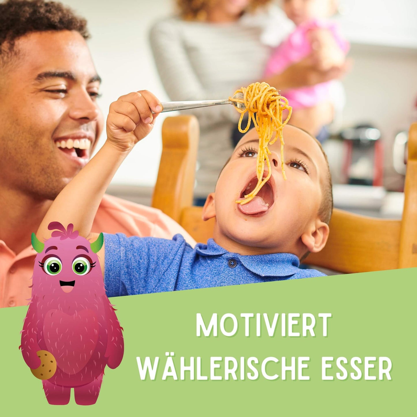 Kind versucht eine große Gabel voll mit Spaghetti zu essen, im Vordergrund steht das pinke Monster Gusta