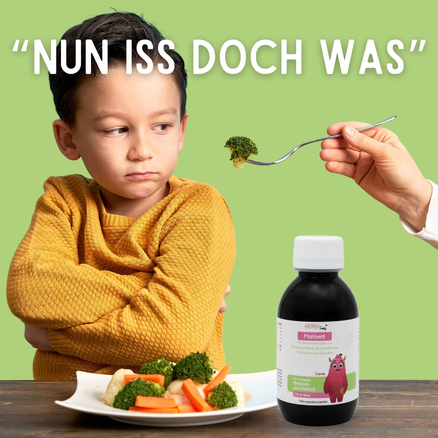 Kind das den Brokkoli nicht essen möchte und Flasche mit Mahlzeit Sirup im Vordergrund
