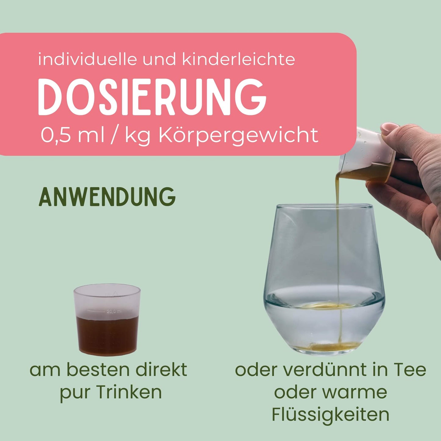 Dosierbecher gefüllt mit Mirakelix Sirup und Glas in dem der Sirup in Flüssigkeit verdünnt wird.