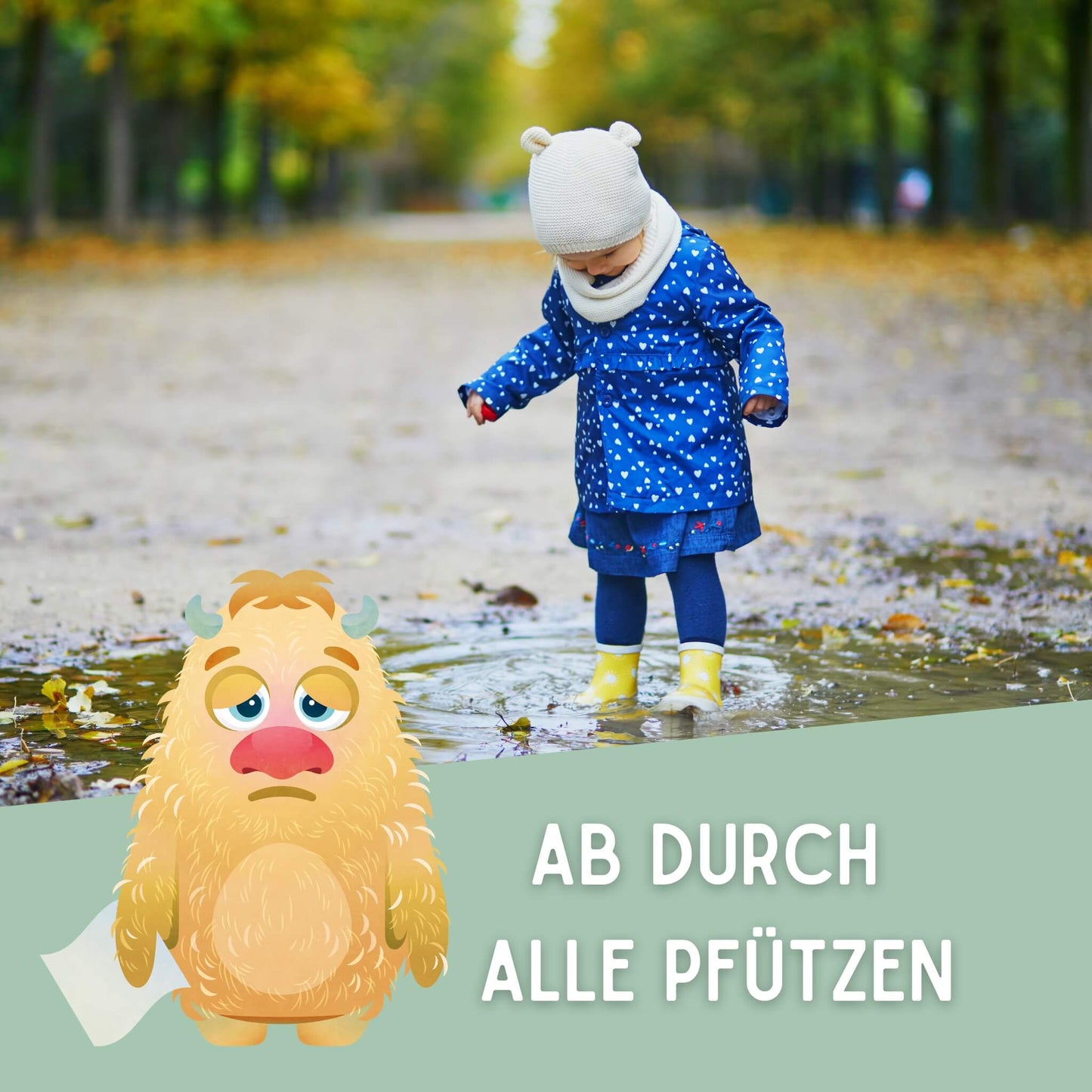 Kind das in Pfütze springt, im Vordergrund steht das Monster Sniffi