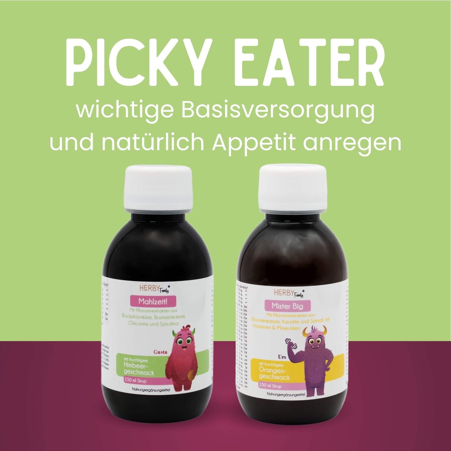 Titel Picky Eater, wichtige Basisversorgung und darunter de Flaschen des Mahlzeit- und Mister Big Sirup