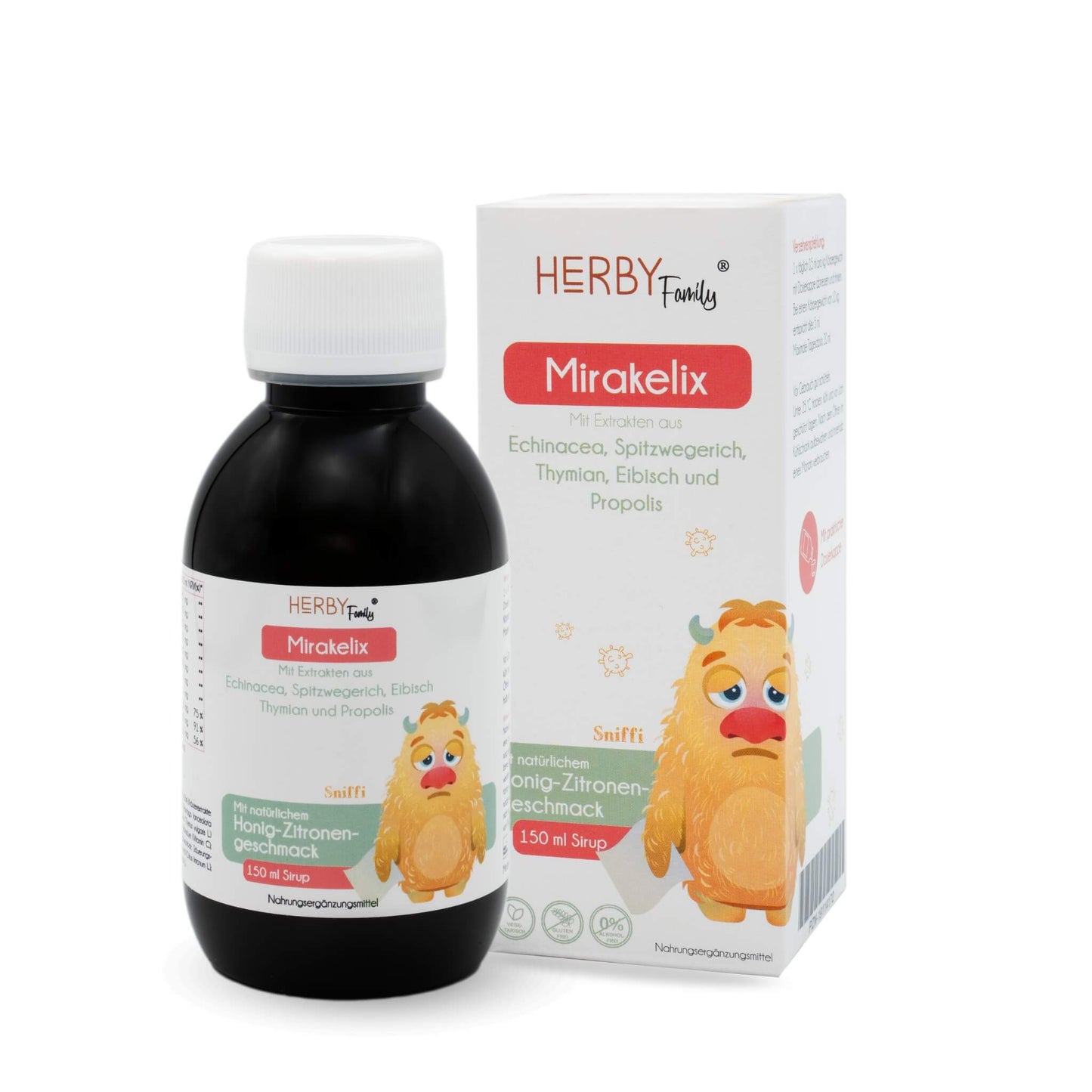 Flasche des Mirakelix Sirup mit Faltschachtel