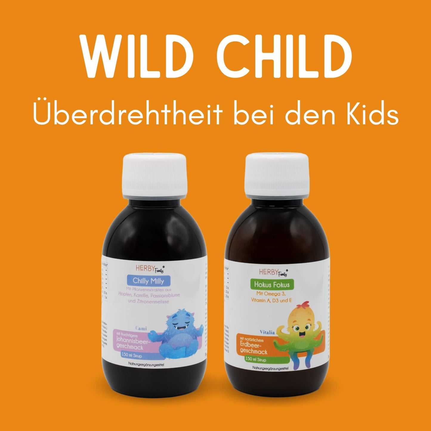 Titel wild Child - Überdrehtheit bei den Kids mit zwei Flaschen darunter, links der Chilly Milly Sirup und rechts der Hokus Fokus Sirup