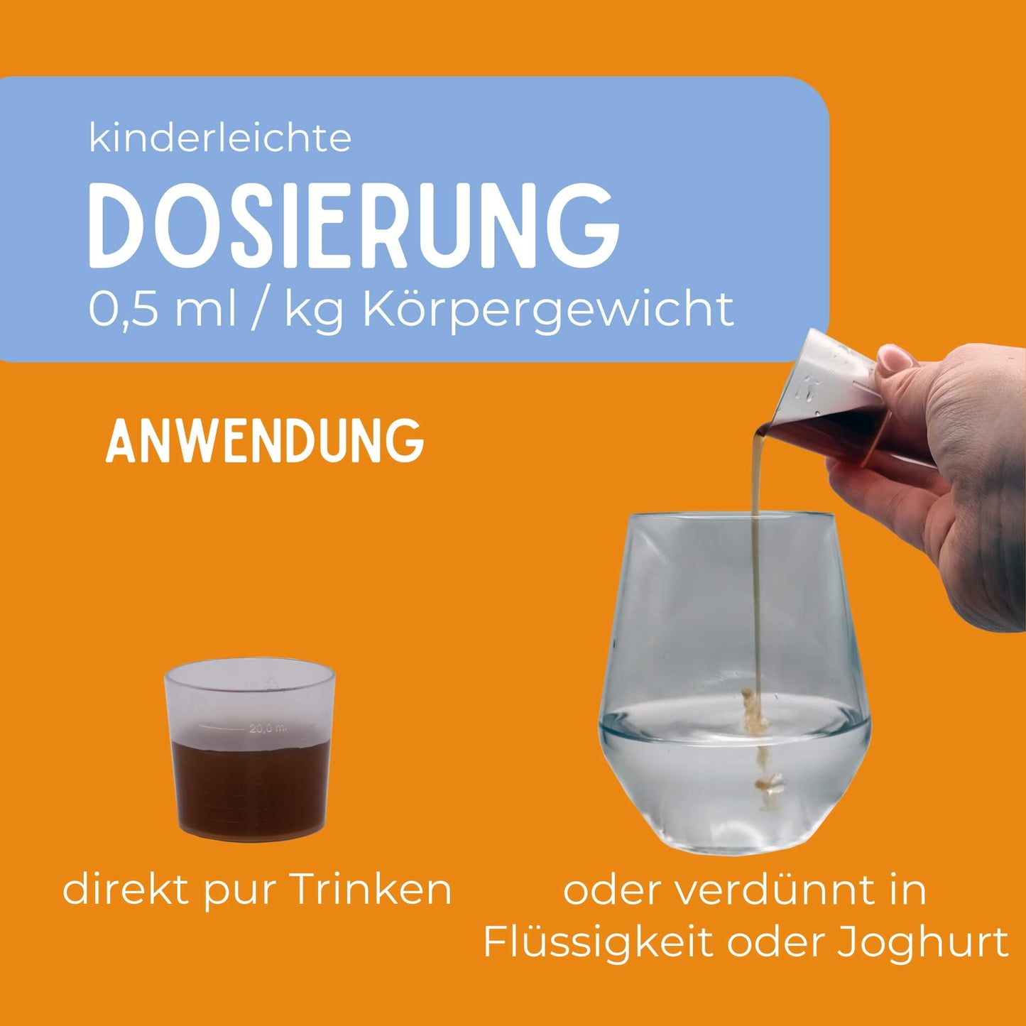 Dosierung nach Kilogramm Körpergewicht, die Säfte können pur oder verdünnt genommen werden