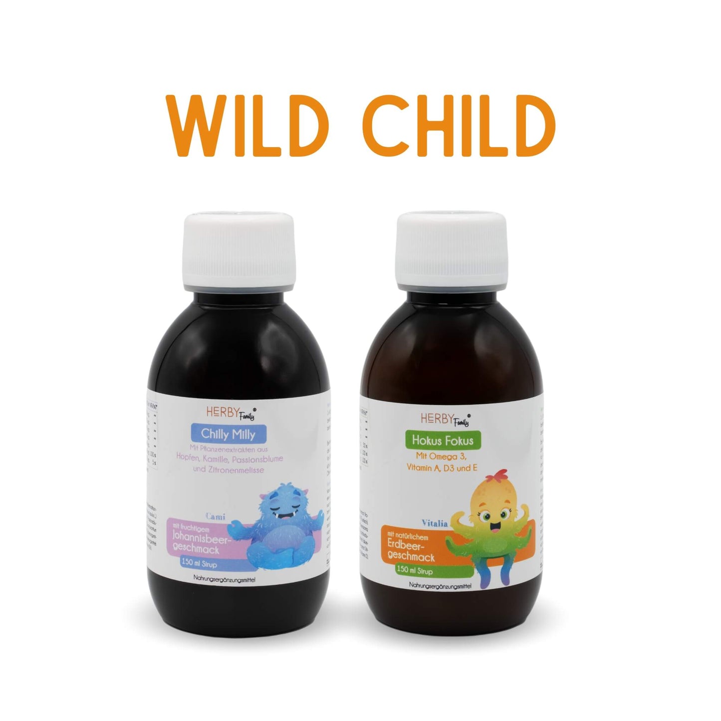 Wild Child - als Titel, darunter links eine Flasche des Chilly Milly Sirups und rechts eine Flasche Hokus Fokus Sirup