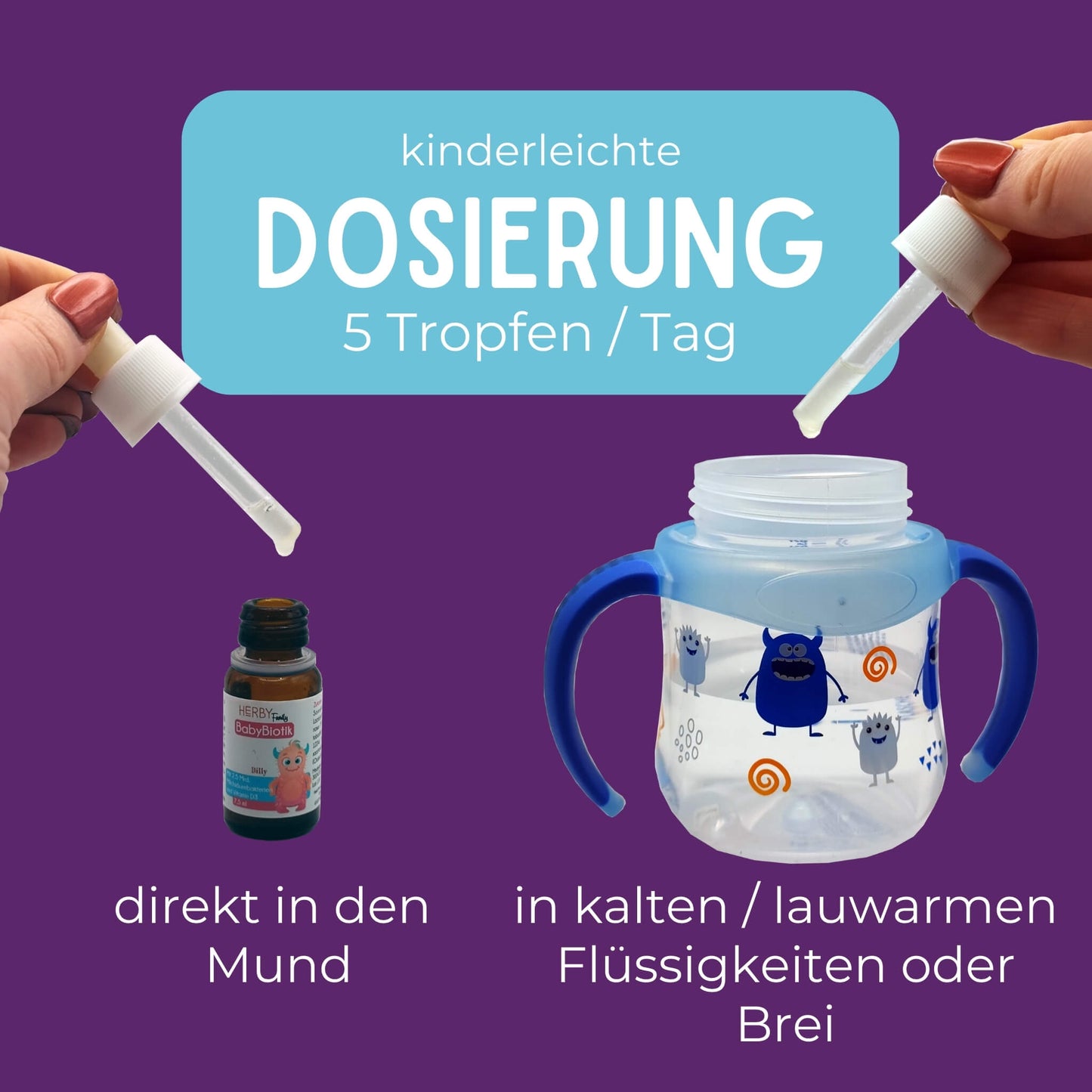 BabyBiotik Tropfen werden 1 mal täglich gegeben. Jeweils 5 Tropfen für jedes Alter