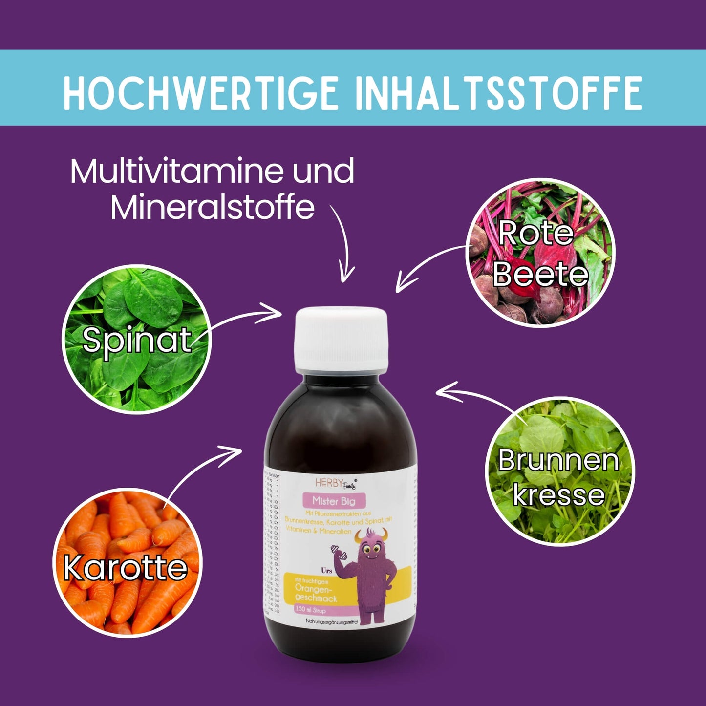 Mister Big enthält Inhaltsstoffe aus Gemüse, wie Spinat, Karotten, Rote Beete und Brunnenkresse. Dazu alle wichtigen Vitamine und Mineralien