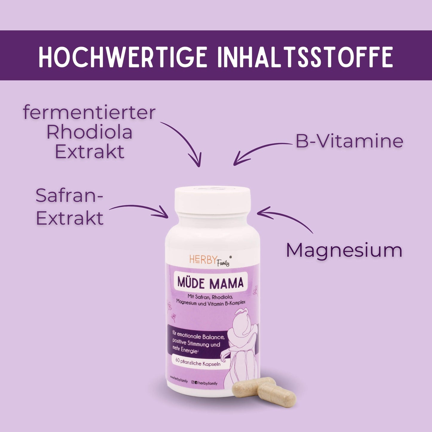 muedemama Dose mit den Inhaltsstoffen, fermetierter Rhodiola-Extrakt, Safran-Extrakt, Magnesium und B-Vitaminen