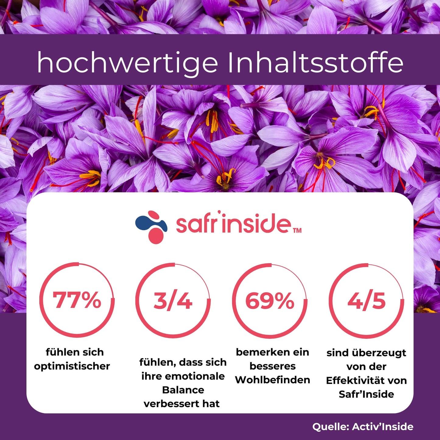 Übersicht des Inhaltsstoffs Safrinside, mit Studienergebnissen, im Hintergrund sind viele Safranblüten