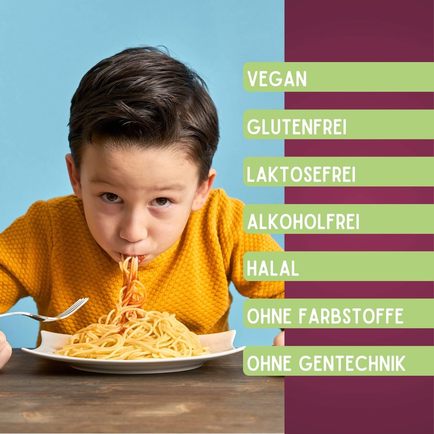 Eigenschaften wie vegan, glutenfrei, laktosefrei, alkoholfre etc. und Junge der Nudeln isst