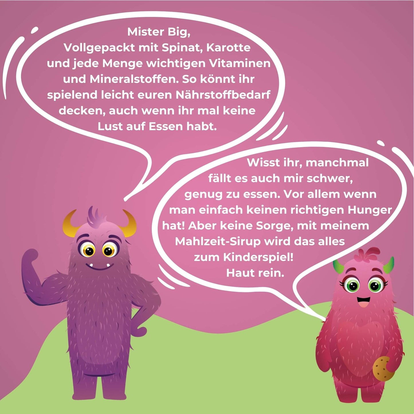die Monster Urs und Gusta erzählen in zwei Sprechblasen wofür die Sirupe sind