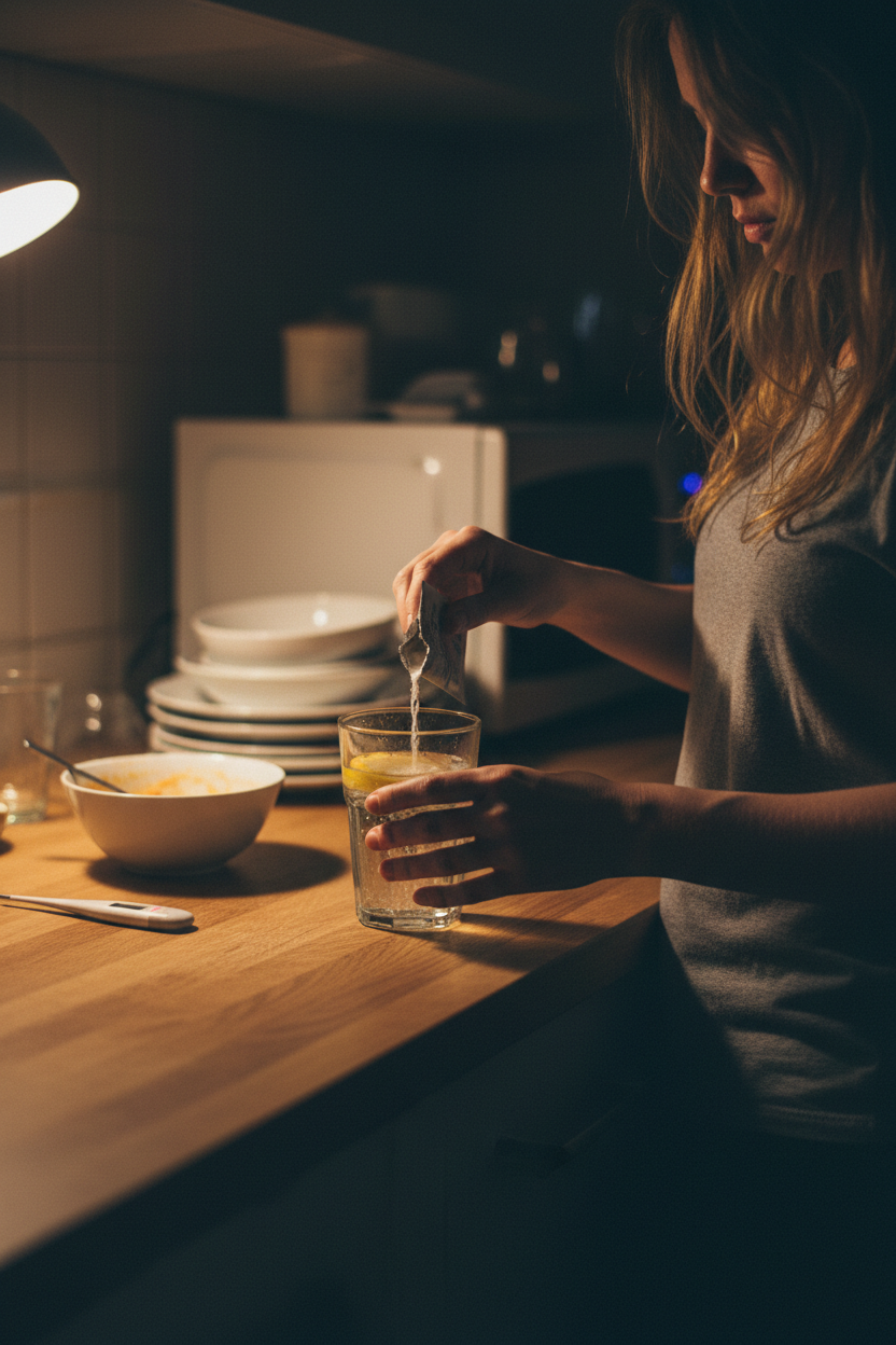 Eine erschöpfte Mutter steht in der Küche und rührt ein Glas Elektrolyte Pulver an 