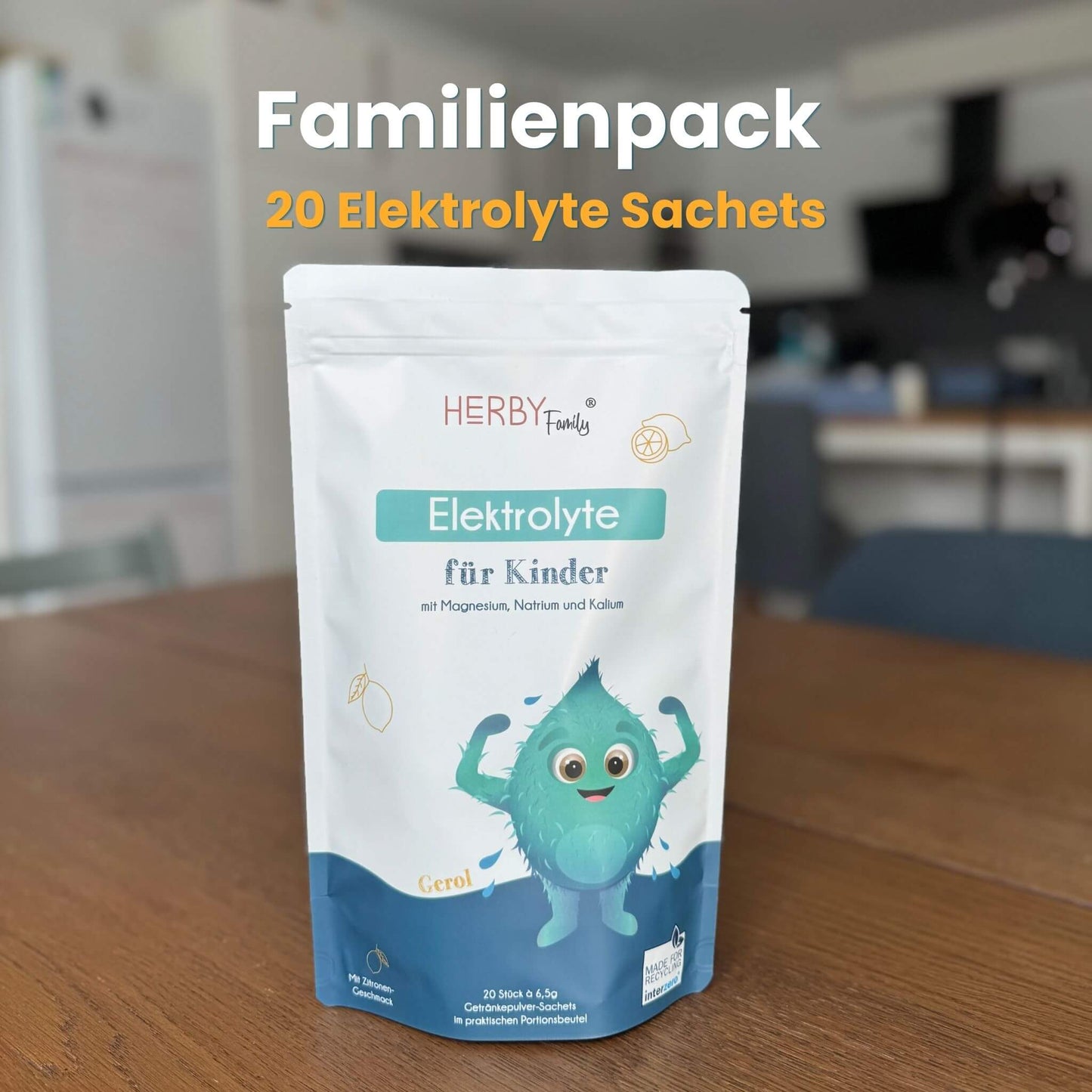 HERBY Family Elektrolyte für Kinder Standbodenbeutel mit 20 Portionsbeuteln, Zitronengeschmack, Monster Gerol auf der Verpackung