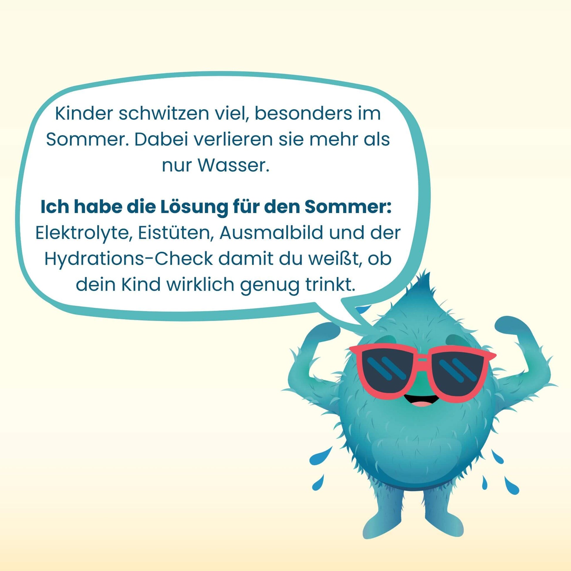 HERBY Family Monster Gerol mit roter Sonnenbrille und Sprechblase über Elektrolyte im Sommer