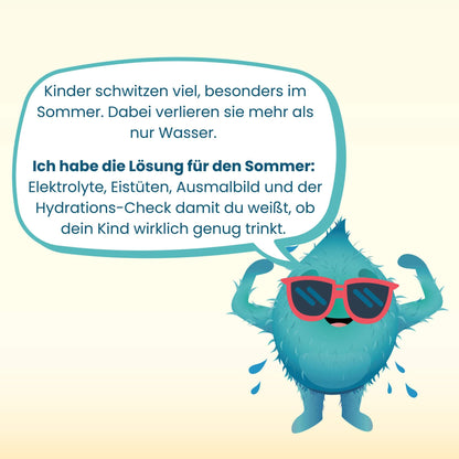 HERBY Family Monster Gerol mit roter Sonnenbrille und Sprechblase über Elektrolyte im Sommer