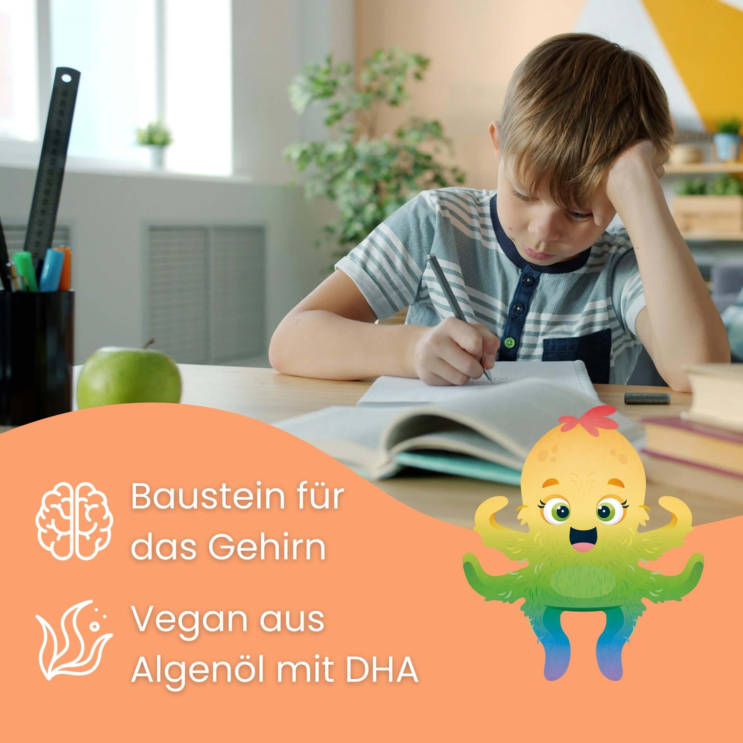 Kind macht Hausaufgaben am Schreibtisch, Hokus Fokus Gummies mit DHA aus Algenöl als Baustein für das Gehirn