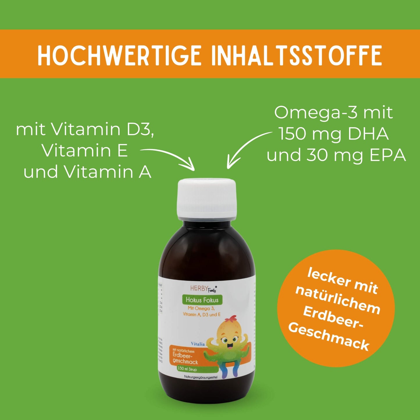 Hokus Fokus Flasche mit Pfeilen, die die Inhaltsstoffe zeigen