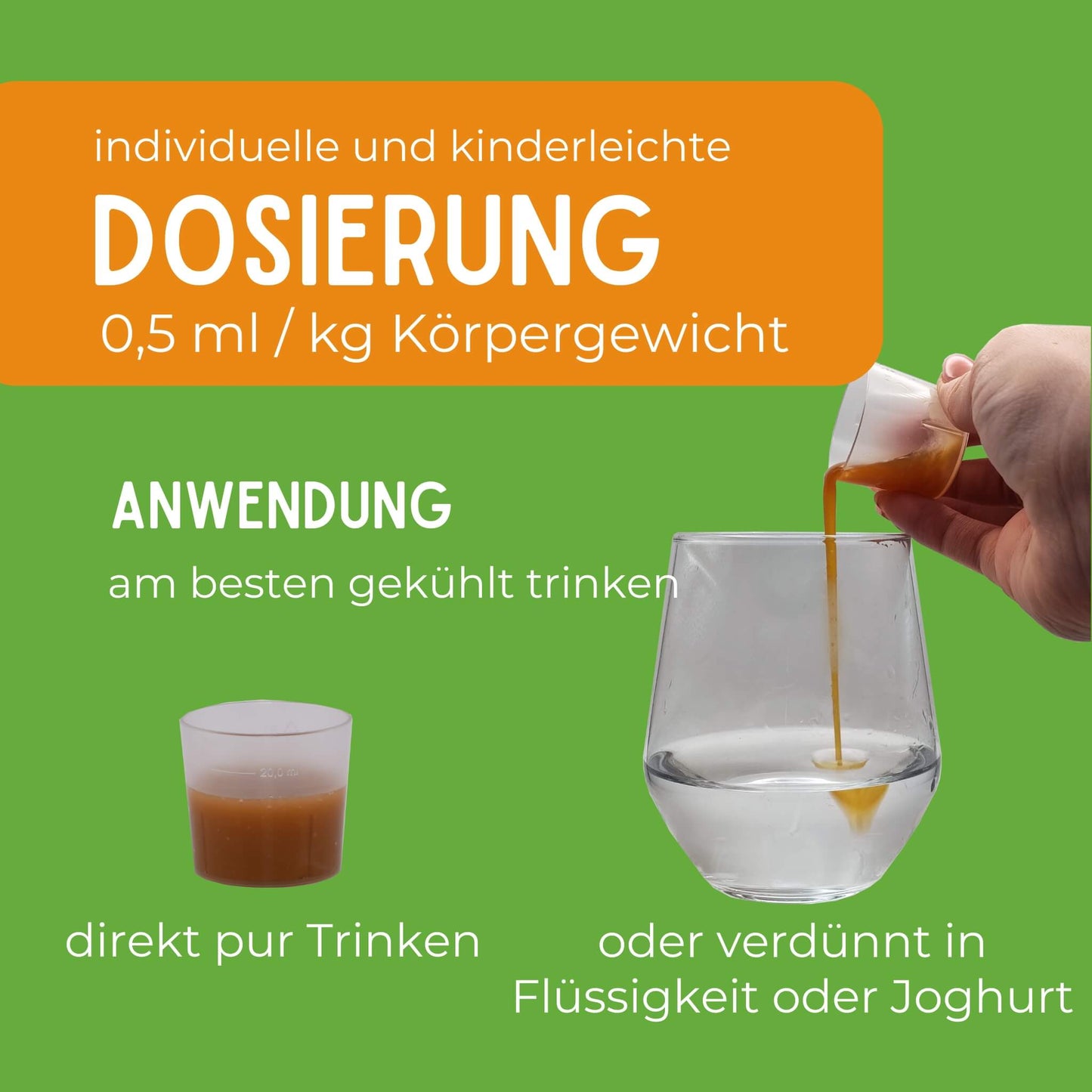 Dosierbecher zum direkt Trinken oder verdünnt in Flüssigkeit oder Joghurt