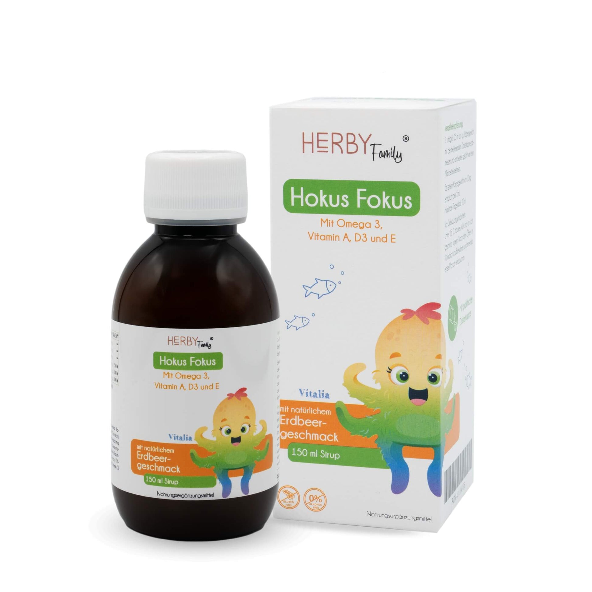 Flasche Hokus Fokus Sirup für Kinder mit Omega 3 mit Faltschachtel