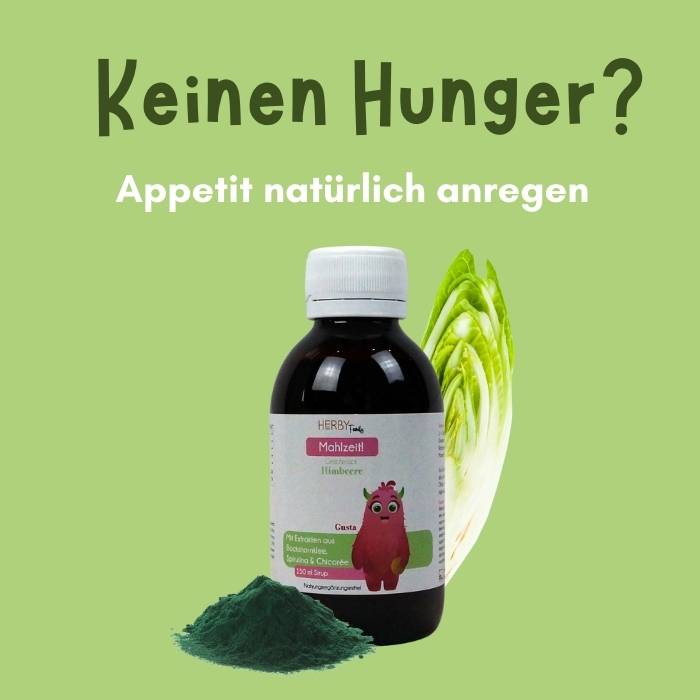 Mahlzeit-Sirup Flasche mit Spirulina Pulver und halbem Chicoree mit Titel "keinen Hunger? - Appetit natürlich anregen"