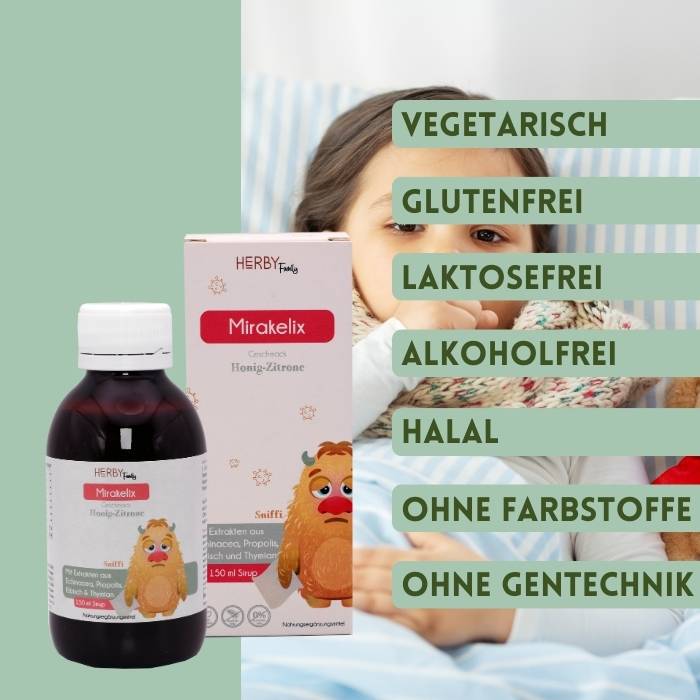 Eigenschaften des Mirakelix Sirup wie Vegetarisch, Glutenfrei, Laktosefrei, alkoholfrei, halal, ohne Farbstoffe und ohne Gentechnik