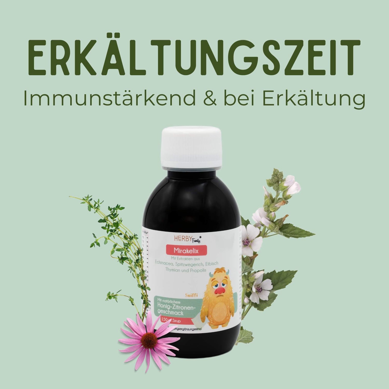 Mirakelix Flasche mit Echinaceablüte, Thymianzweig und Eibischblüten in der Erkältunszeit