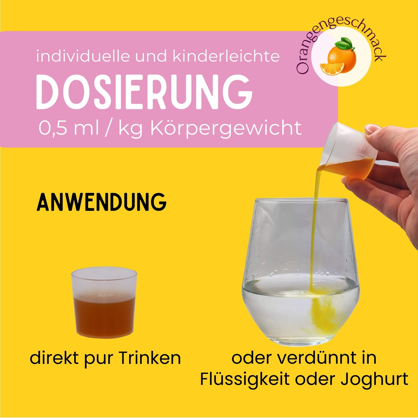 Dosierbecher mit Mister Big Sirup und Glas mit Flüssigkeit, in dem Sirup verdünnt werden kann