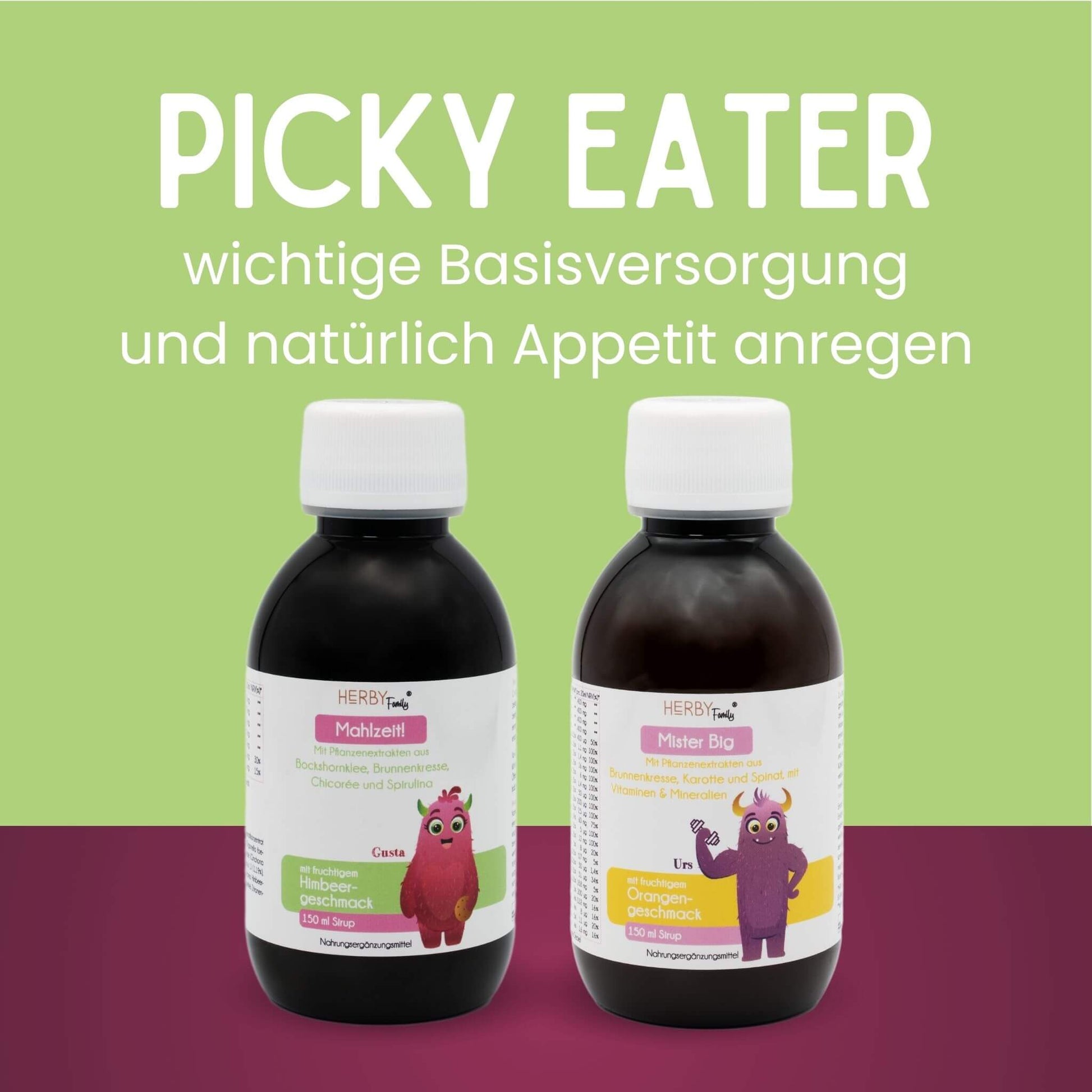 Titel Picky Eater, wichtige Basisversorgung und darunter de Flaschen des Mahlzeit- und Mister Big Sirup