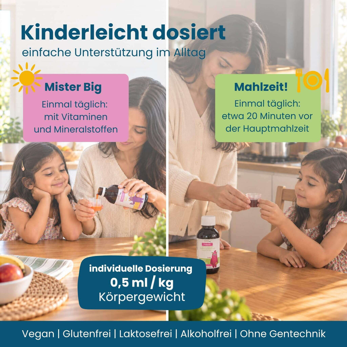 Dosierung Picky Eater Set: Mutter gibt Tochter Mister Big und Mahlzeit! Sirup im Messbecher, je einmal täglich 0,5 ml pro kg Körpergewicht, Mahlzeit! etwa 20 Minuten vor dem Essen