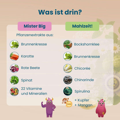 Inhaltsstoffe im Picky Eater Set: Mister Big mit Brunnenkresse, Karotte, Rote Beete, Spinat, Vitaminen und Mineralien, Mahlzeit! mit Bockshornklee, Chicorée, Chinarinde, Spirulina, Kupfer und Mangan
