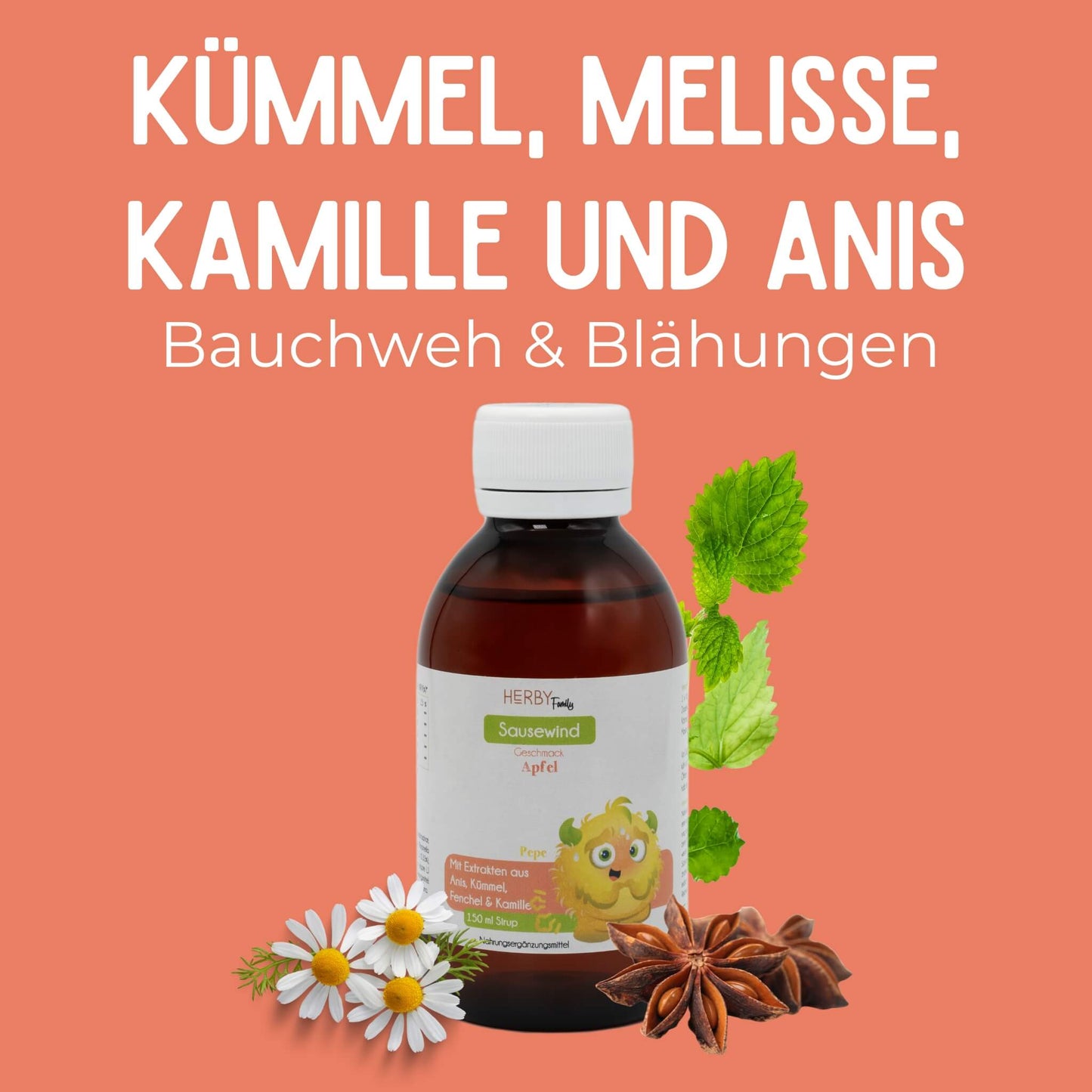 Sausewind Flasche mit Fenchel, Kümmel, Kamillenblüten und Anis mit dem Titel Blähungen und Bauchweh