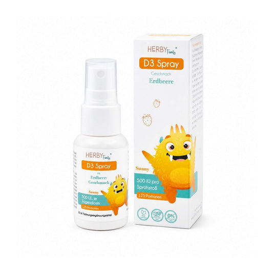 HERBY Family Vitamin D3 Spray mit Erdbeergeschmack – Sprühflasche und Verpackung.