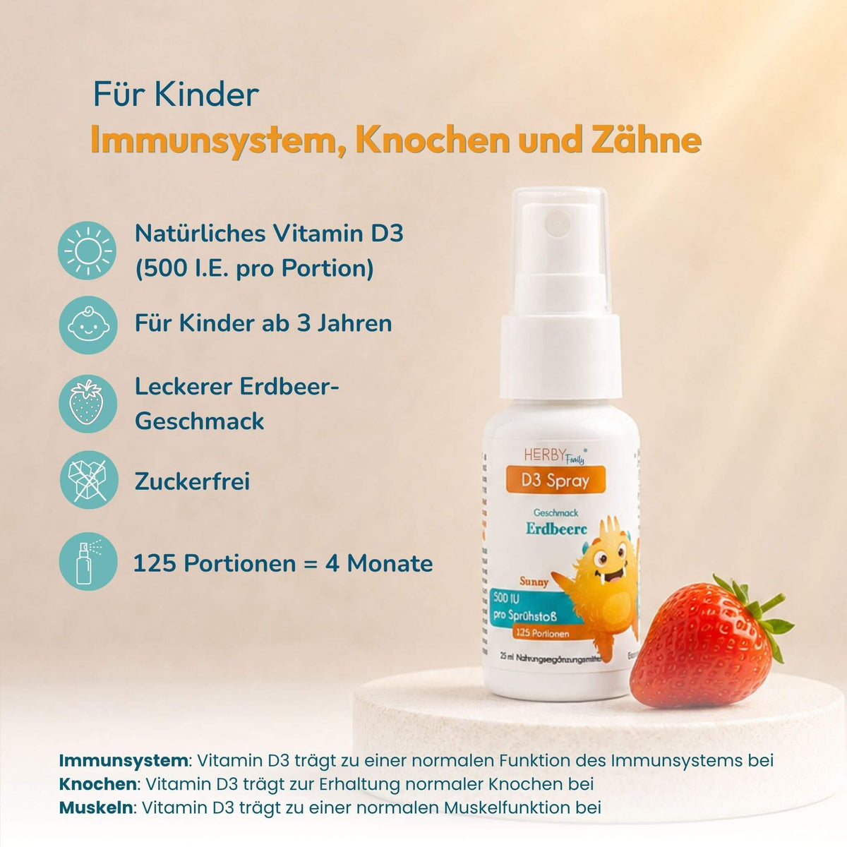 HERBY Family Vitamin D3 Spray für Kinder mit Erdbeergeschmack, 500 I.E. Vitamin D3 pro Tagesportion und 125 Portionen.