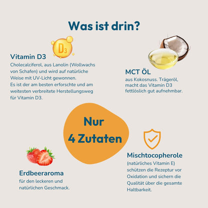 Vier Zutaten des HERBY Family Vitamin D3 Sprays: Vitamin D3 aus Lanolin, MCT-Öl aus Kokosnuss, Erdbeeraroma und Mischtocopherole.