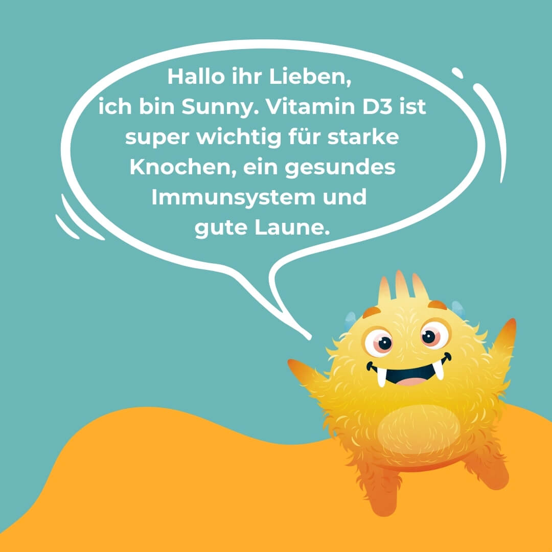 Das Monster Sunny das den Nutzen des D3 Sprays in zwei Sprechblasen den Nutzen erklärt.