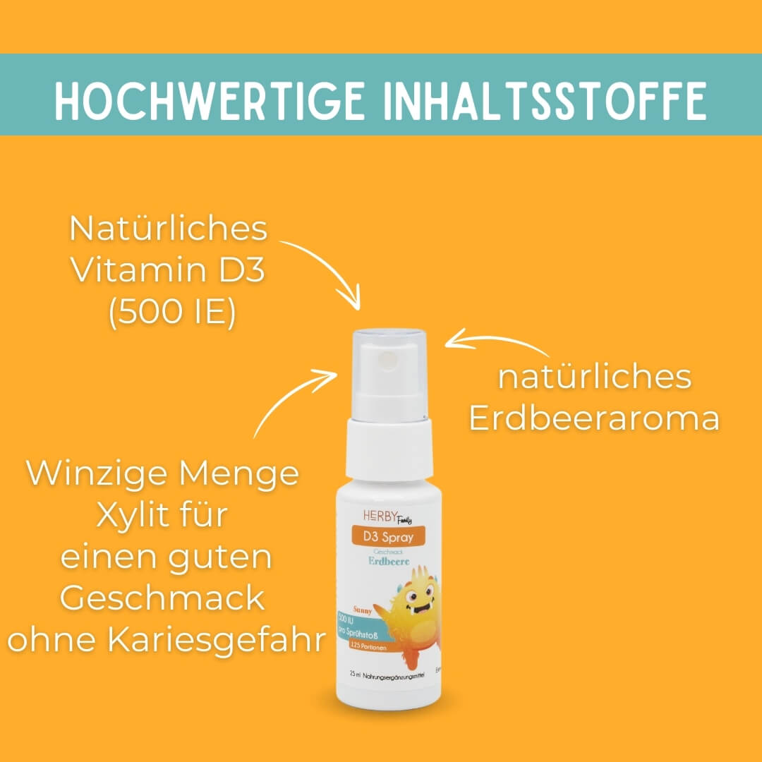 Vitamin D3 Spray und Pfeilen die Inhaltsstoffe zeigen: Vitamin D3 mit 500 Einheiten, Xylit für kariesfreie Zähne und natürliches Erbeeraroma