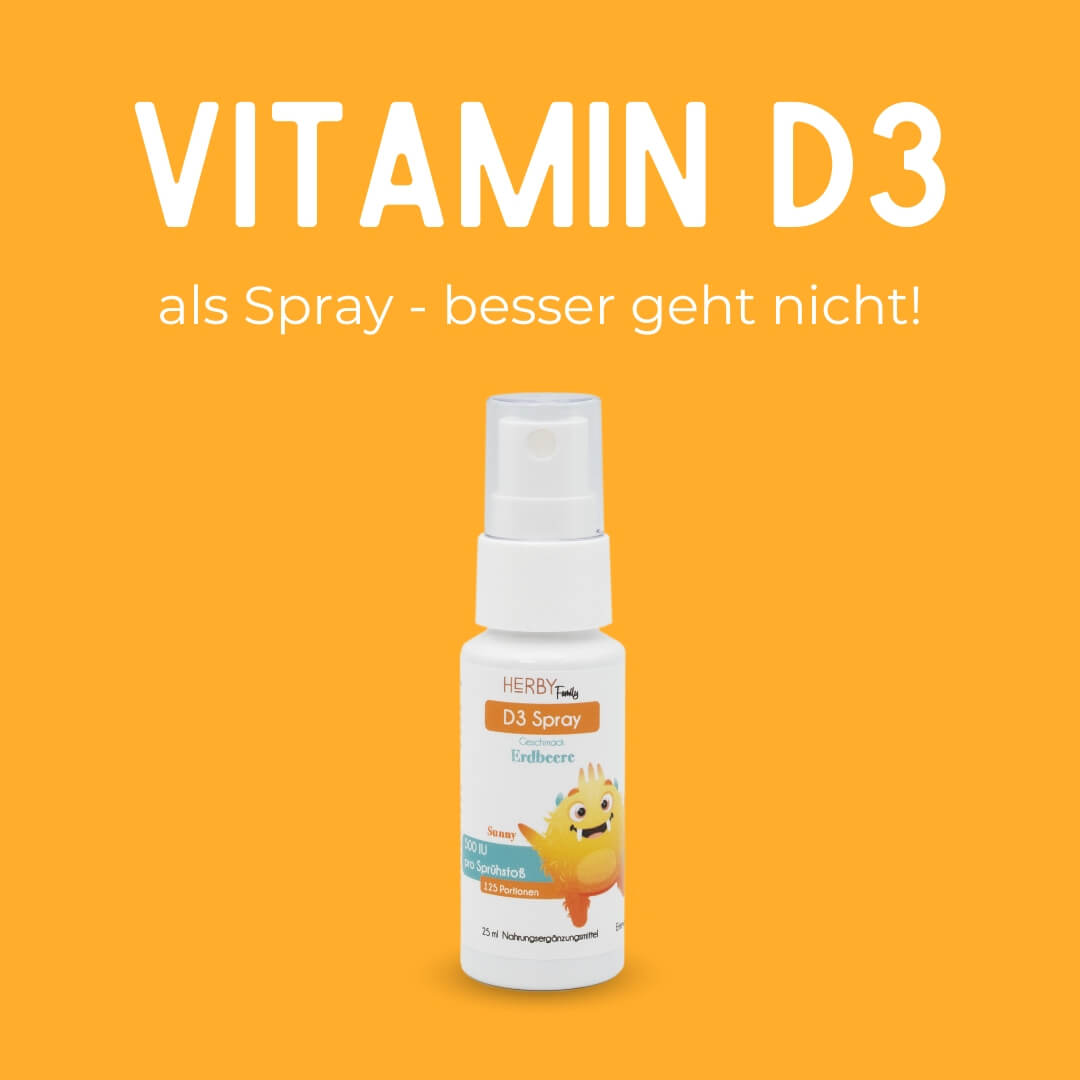 Vitamin D3 Spray auf gelbem Hintergrund