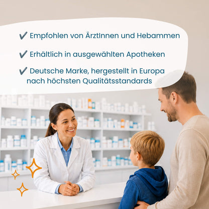 Apothekerin berät Mutter und Kind zu Chilly Milly, erhältlich in ausgewählten Apotheken
