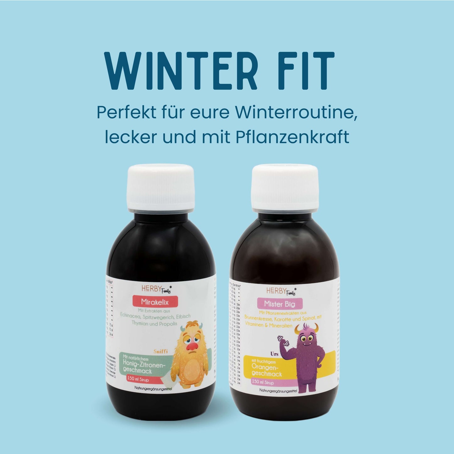 " Flaschen auf blauem Hintergrund. Mirakelix und Mister Big