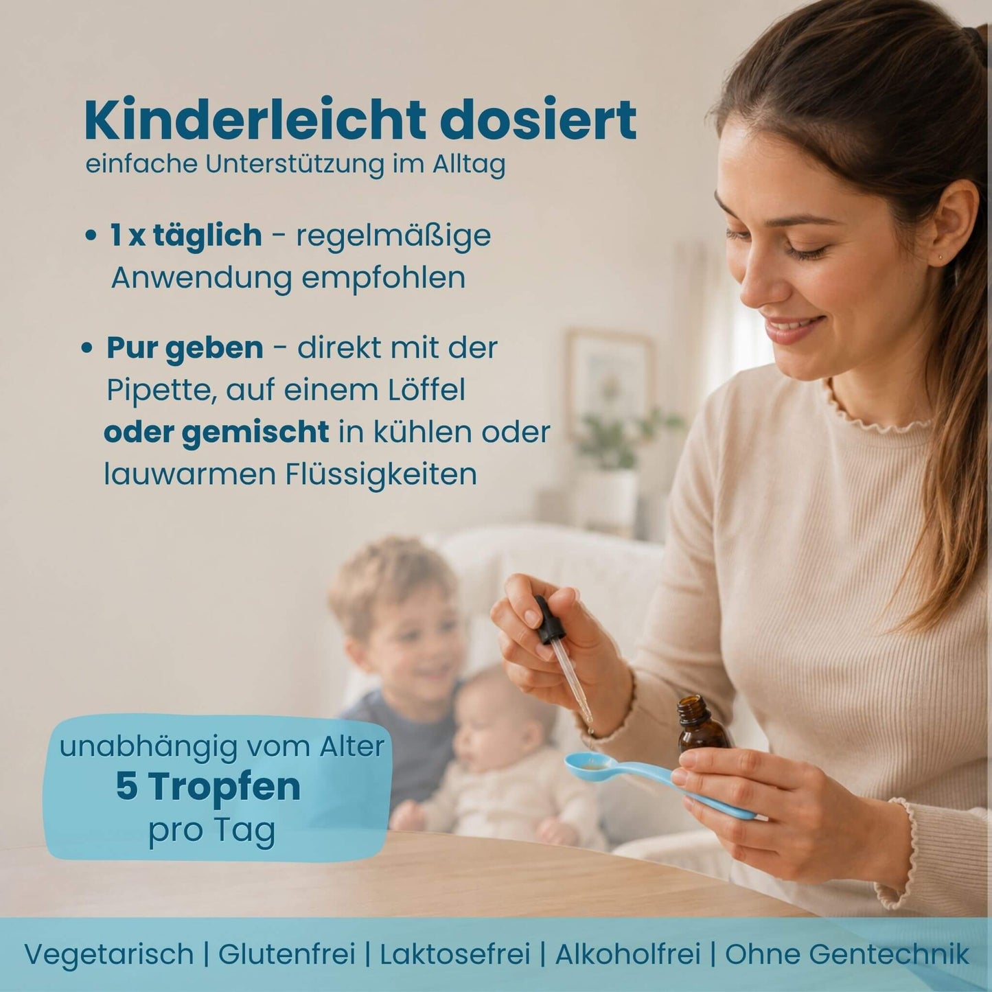 Mutter dosiert BabyBiotik Tropfen mit der Pipette, 5 Tropfen täglich, einfache Anwendung im Familienalltag