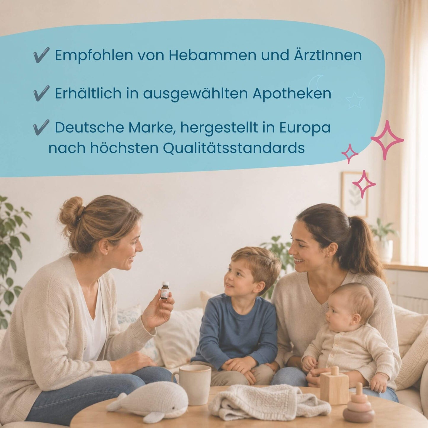 Familie mit BabyBiotik Fläschchen, empfohlen von Hebammen und Ärztinnen, deutsche Marke aus Europa